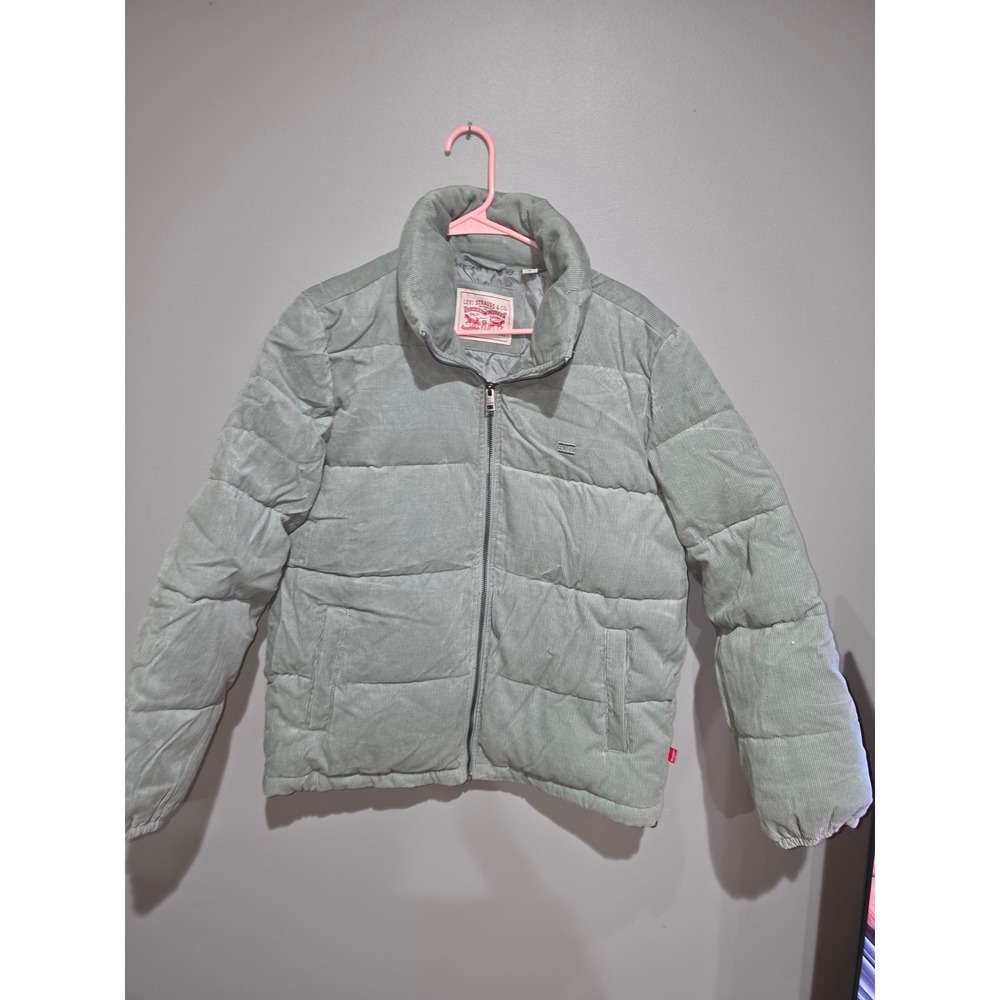 Levis Womens Corduroy Puffer Jacket Sage Green Full Zip Quilted Coat Medium